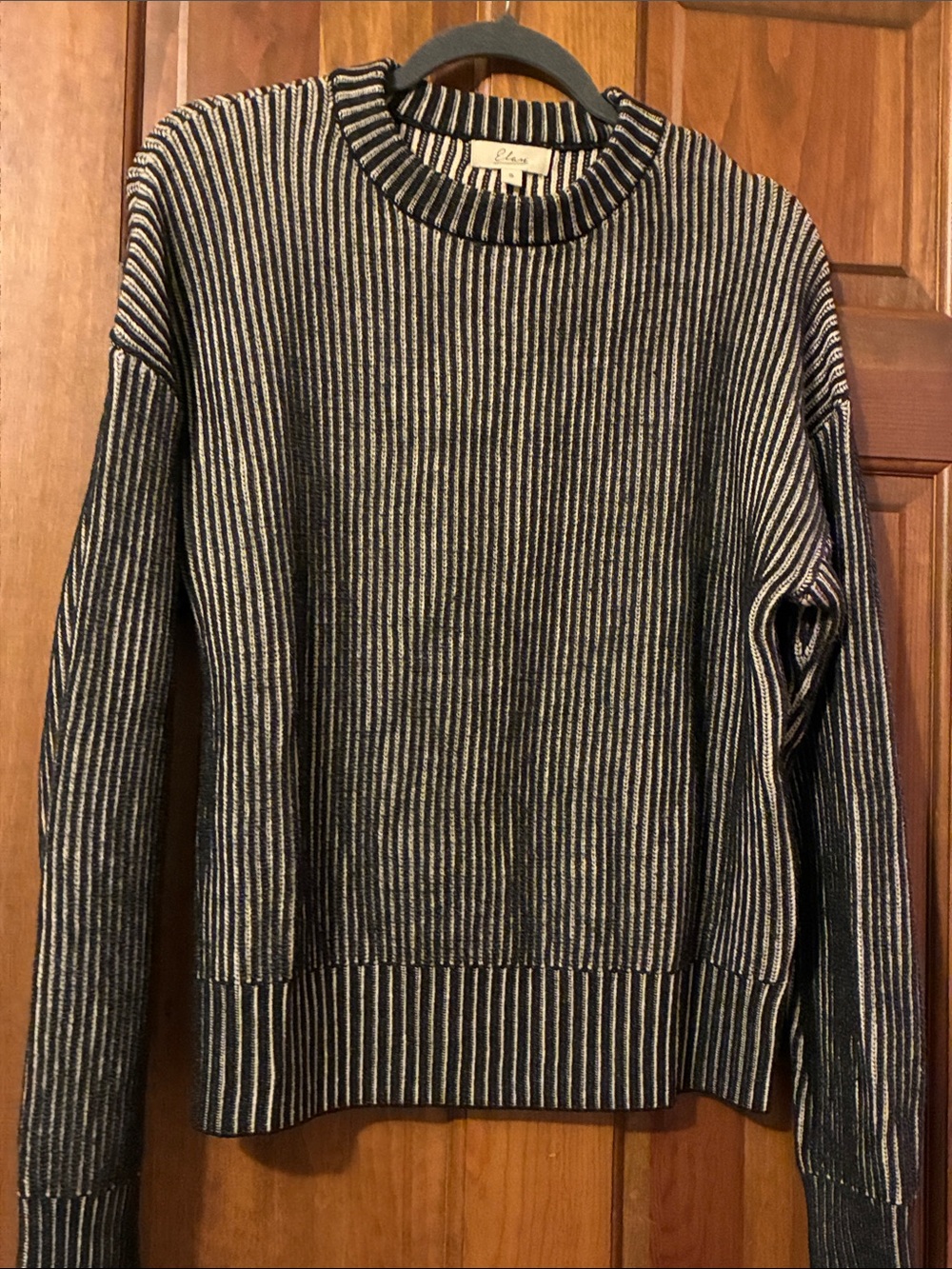 Elan Striped Rib-Knit Crewneck in Black and Cream - Relaxed fit